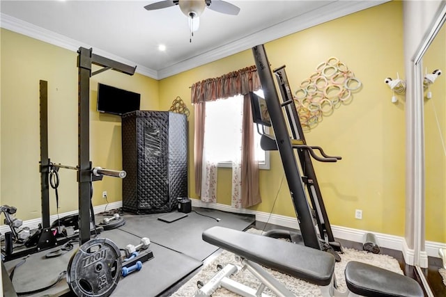 8345 Sunshine Ln, Riverside, CA 92508 - exercise room featuring baseboards, crown molding, and a ceiling fan