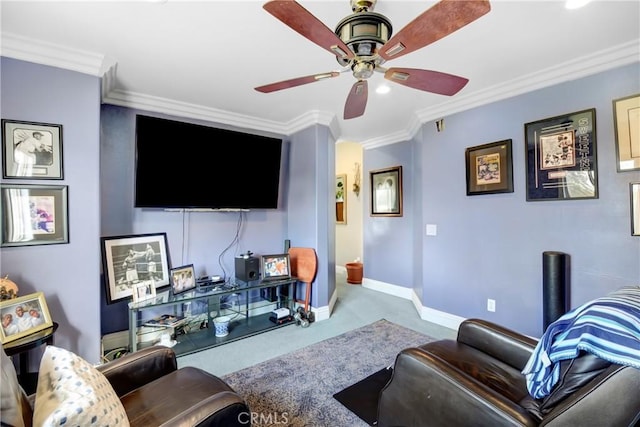 8345 Sunshine Ln, Riverside, CA 92508 - carpeted living area featuring crown molding, a ceiling fan, and baseboards