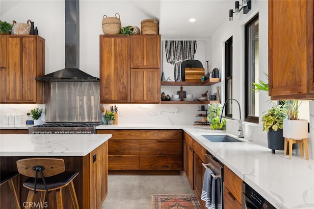 kitchen with a sink, open shelves, brown cabinets, wall chimney range hood, and decorative backsplash