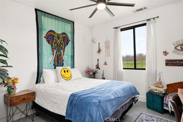 bedroom featuring baseboards, visible vents, a ceiling fan, and finished concrete floors