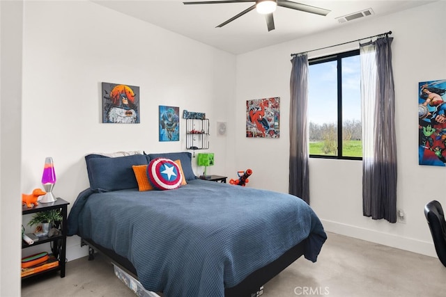 bedroom featuring baseboards, ceiling fan, and visible vents