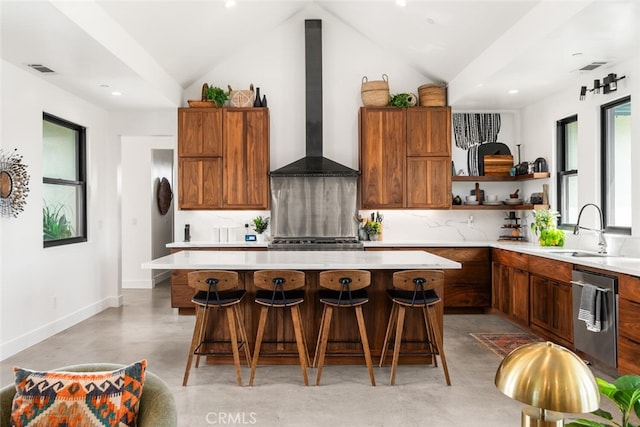 kitchen with a sink, open shelves, wall chimney exhaust hood, dishwasher, and a center island
