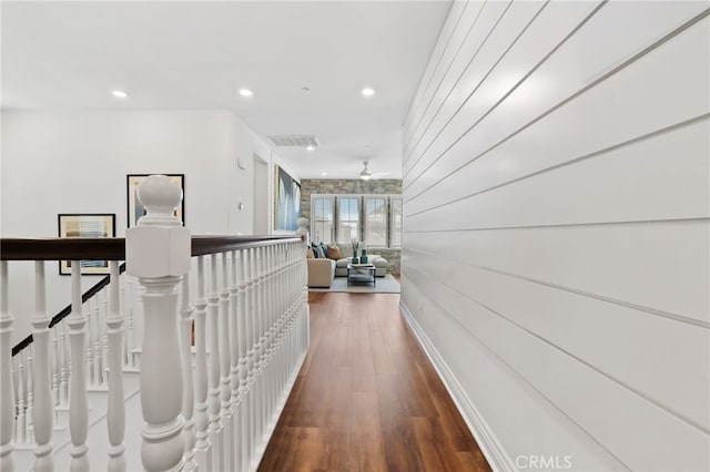 1711 Sonora Creek Ln, Lake Forest, CA 92610 - hallway featuring dark wood finished floors, visible vents, recessed lighting, an upstairs landing, and baseboards
