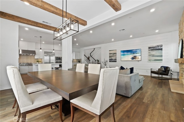 1711 Sonora Creek Ln, Lake Forest, CA 92610 - dining room featuring dark wood-style flooring, beam ceiling, recessed lighting, and visible vents