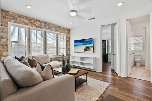 1711 Sonora Creek Ln, Lake Forest, CA 92610 - living area featuring baseboards, recessed lighting, a ceiling fan, visible vents, and wood finished floors