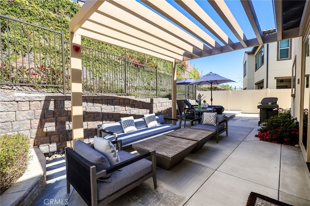 1711 Sonora Creek Ln, Lake Forest, CA 92610 - view of patio with area for grilling, a pergola, an outdoor hangout area, and a fenced backyard