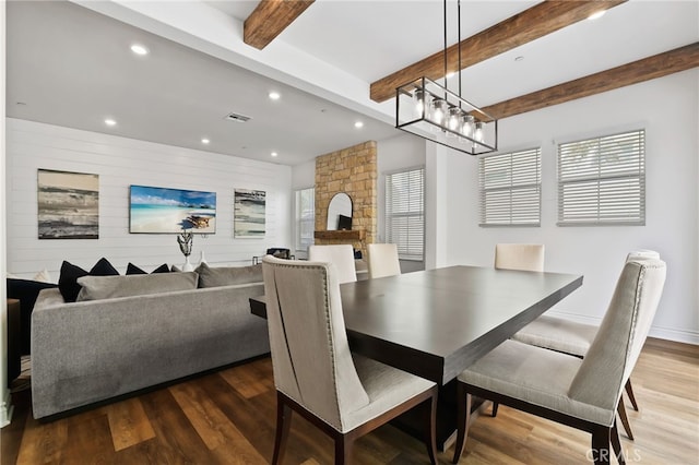 1711 Sonora Creek Ln, Lake Forest, CA 92610 - dining area featuring recessed lighting, beam ceiling, and wood finished floors