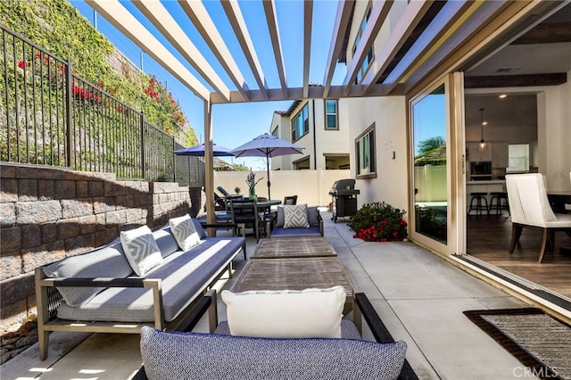 1711 Sonora Creek Ln, Lake Forest, CA 92610 - view of patio featuring a pergola, a grill, fence, and an outdoor hangout area