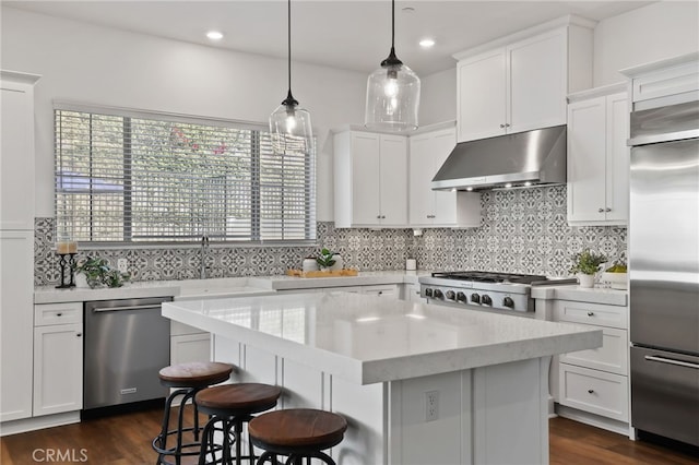 1711 Sonora Creek Ln, Lake Forest, CA 92610 - kitchen with white cabinetry, decorative backsplash, appliances with stainless steel finishes, and under cabinet range hood