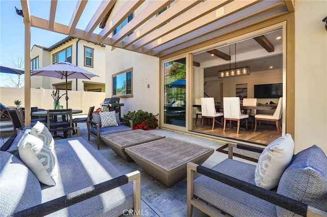 1711 Sonora Creek Ln, Lake Forest, CA 92610 - view of patio / terrace featuring grilling area, outdoor dining space, an outdoor hangout area, and fence