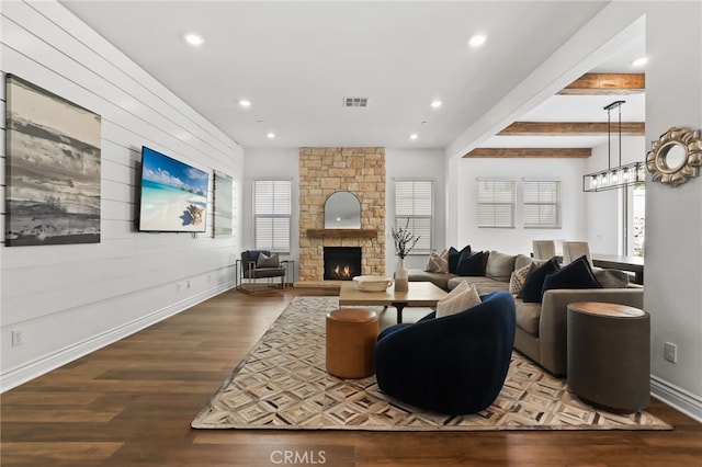 1711 Sonora Creek Ln, Lake Forest, CA 92610 - living room with recessed lighting, a fireplace, visible vents, beamed ceiling, and wood finished floors