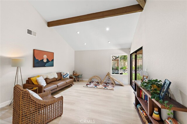 5649 Roane Dr, Oceanside, CA 92057 - recreation room with beam ceiling, baseboards, high vaulted ceiling, wood finished floors, and recessed lighting