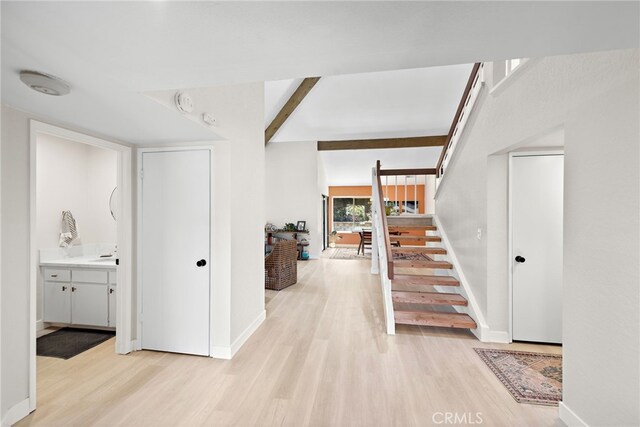 5649 Roane Dr, Oceanside, CA 92057 - corridor featuring light wood-type flooring, baseboards, and stairs