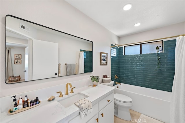 5649 Roane Dr, Oceanside, CA 92057 - bathroom with toilet, vanity, shower / tub combo with curtain, and recessed lighting