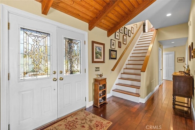 28061 Modjeska Grade, Modjeska Canyon, CA 92676 - foyer with stairway, a wood ceiling with exposed beams, dark wood-style flooring, recessed lighting, and french doors