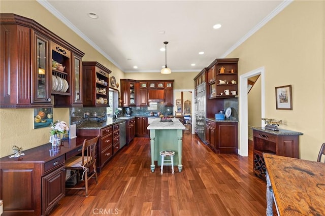 28061 Modjeska Grade, Modjeska Canyon, CA 92676 - kitchen featuring open shelves, stainless steel dishwasher, dark wood-style floors, pendant lighting, and crown molding
