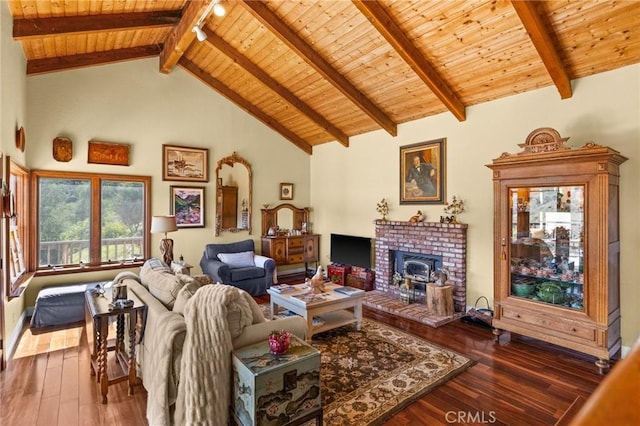 28061 Modjeska Grade, Modjeska Canyon, CA 92676 - living area with a wood ceiling with exposed beams, wood-type flooring, and high vaulted ceiling