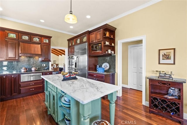 28061 Modjeska Grade, Modjeska Canyon, CA 92676 - kitchen with open shelves, a warming drawer, built in appliances, dark wood-style flooring, and ornamental molding