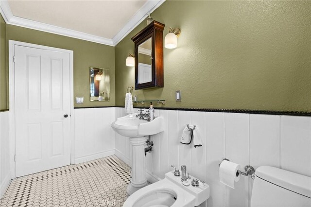 28061 Modjeska Grade, Modjeska Canyon, CA 92676 - bathroom with crown molding, a bidet, and a wainscoted wall
