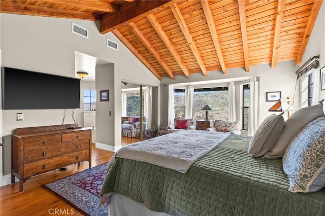 28061 Modjeska Grade, Modjeska Canyon, CA 92676 - bedroom featuring wood finished floors, a wood ceiling with exposed beams, and high vaulted ceiling