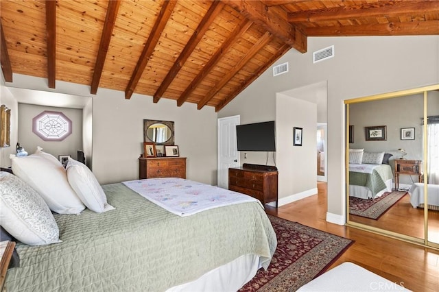 28061 Modjeska Grade, Modjeska Canyon, CA 92676 - bedroom featuring wood finished floors, a wooden ceiling with exposed beams, high vaulted ceiling, and multiple windows
