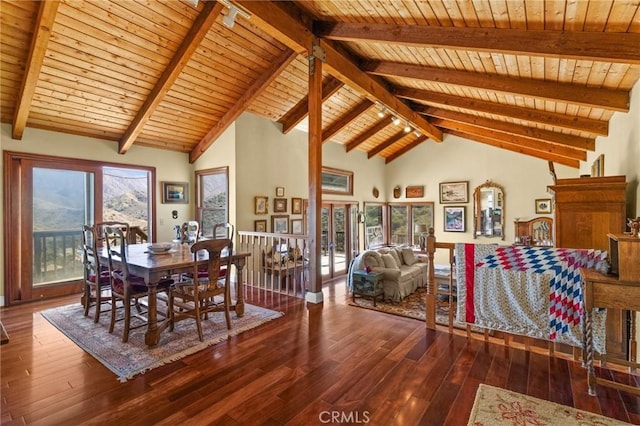 28061 Modjeska Grade, Modjeska Canyon, CA 92676 - dining room featuring a wooden ceiling with exposed beams, wood-type flooring, plenty of natural light, and high vaulted ceiling