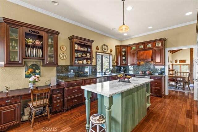 28061 Modjeska Grade, Modjeska Canyon, CA 92676 - kitchen featuring open shelves, dark wood-type flooring, tasteful backsplash, dishwasher, and decorative light fixtures