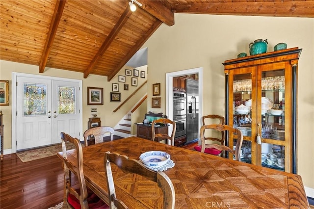 28061 Modjeska Grade, Modjeska Canyon, CA 92676 - dining space with french doors, stairway, a wood ceiling with exposed beams, hardwood / wood-style flooring, and high vaulted ceiling