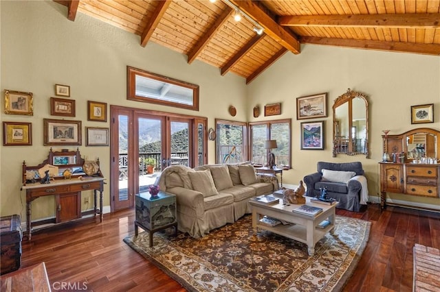 28061 Modjeska Grade, Modjeska Canyon, CA 92676 - living area featuring a wood ceiling with exposed beams, dark wood-type flooring, high vaulted ceiling, french doors, and rail lighting