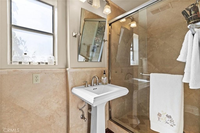 28061 Modjeska Grade, Modjeska Canyon, CA 92676 - full bath featuring a shower stall, tile walls, and a wainscoted wall