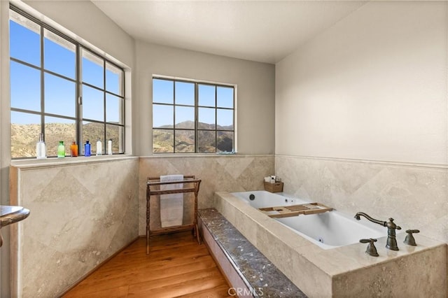 28061 Modjeska Grade, Modjeska Canyon, CA 92676 - full bath with tile walls, wood finished floors, a tub with jets, a mountain view, and wainscoting