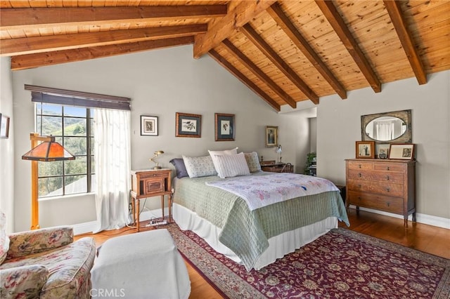28061 Modjeska Grade, Modjeska Canyon, CA 92676 - bedroom featuring a wooden ceiling with exposed beams, wood finished floors, and high vaulted ceiling