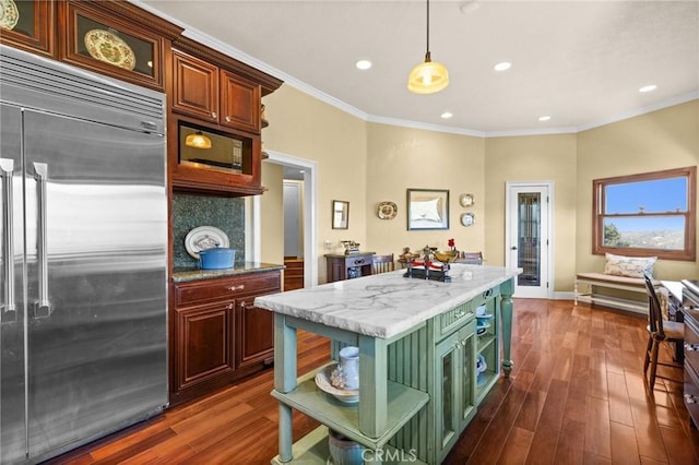 28061 Modjeska Grade, Modjeska Canyon, CA 92676 - kitchen featuring stainless steel built in refrigerator, open shelves, dark wood-style floors, ornamental molding, and decorative light fixtures