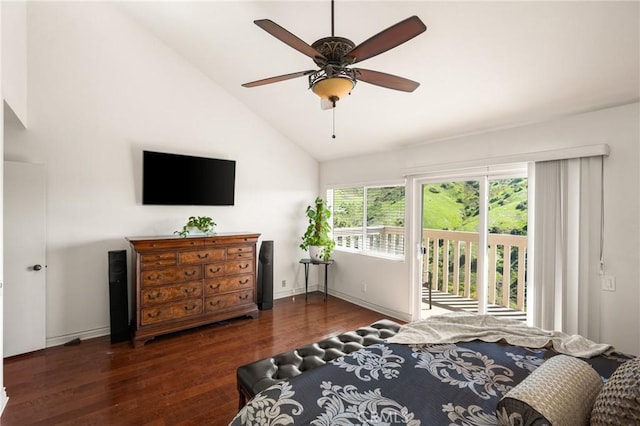 bedroom featuring baseboards, wood finished floors, access to outside, ceiling fan, and high vaulted ceiling