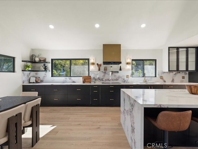 kitchen with backsplash, light wood-type flooring, dark cabinetry, and open shelves