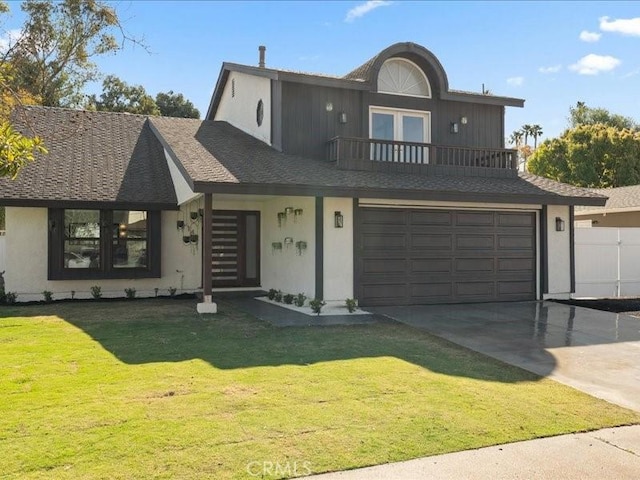view of front of house featuring a front lawn, concrete driveway, stucco siding, a garage, and a balcony