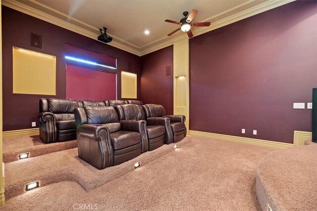 4195 Robby Cir, Corona, CA 92881 - carpeted home theater room featuring ornamental molding, ceiling fan, and baseboards