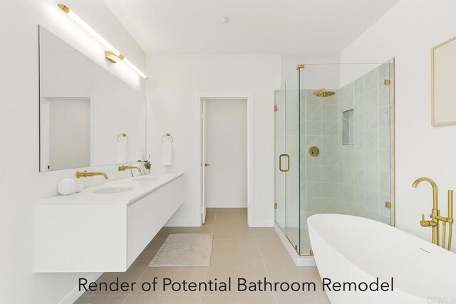 13325 Via Constanza Unit 2, San Diego, CA 92129 - full bath with a soaking tub, a stall shower, double vanity, and tile patterned floors