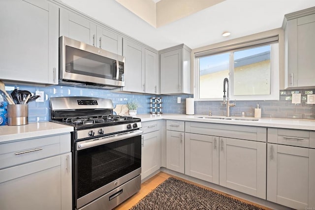 1631 Neptune Ave, Encinitas, CA 92024 - kitchen with appliances with stainless steel finishes, a sink, gray cabinetry, and light countertops