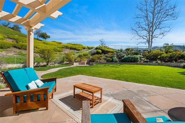 view of patio featuring a pergola, an outdoor living space, and fence