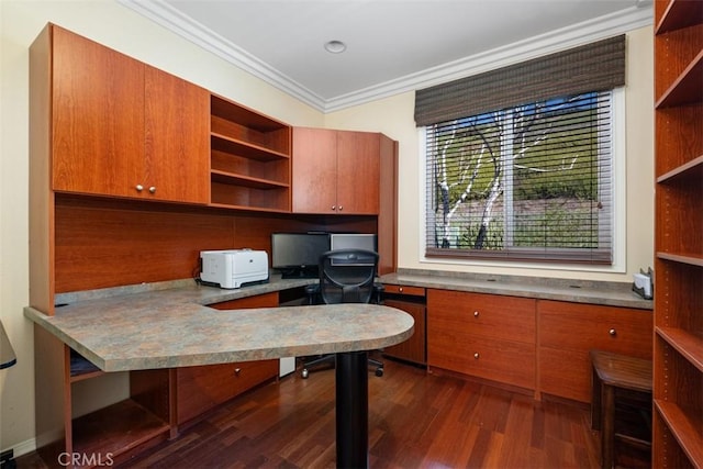office space with dark wood-style floors, built in study area, and ornamental molding