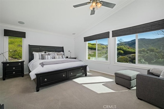 carpeted bedroom with multiple windows, baseboards, and crown molding