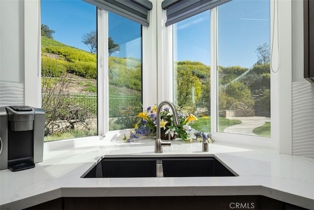 interior details featuring light stone counters and a sink