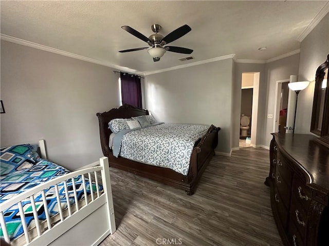 bedroom with crown molding, visible vents, a ceiling fan, and dark wood-type flooring