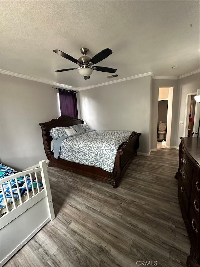 bedroom with a ceiling fan, visible vents, crown molding, baseboards, and dark wood-style floors