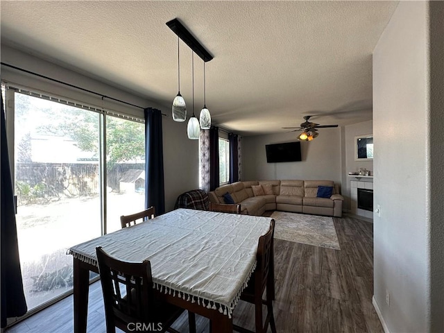 dining space with a textured ceiling, ceiling fan, dark wood-style floors, and a fireplace