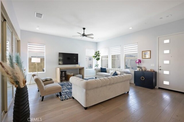135 Bosal, Irvine, CA 92618 - living room featuring a ceiling fan, wood finished floors, recessed lighting, and baseboards