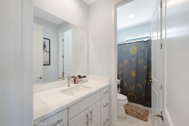 135 Bosal, Irvine, CA 92618 - bathroom featuring toilet, vanity, tile patterned floors, and a shower with shower curtain