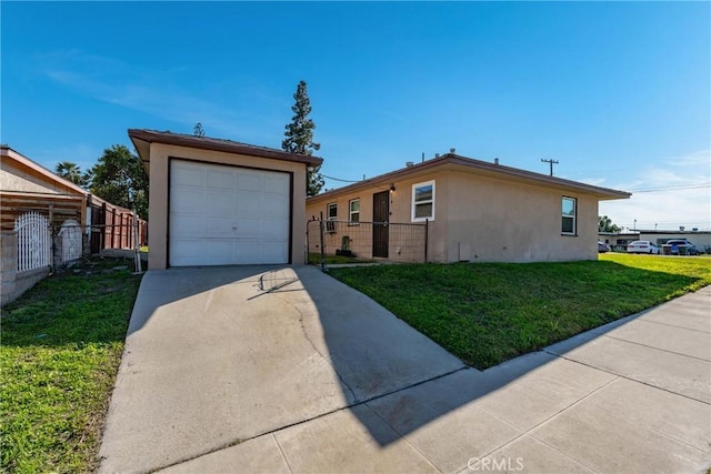 single story home featuring fence, stucco siding, a front lawn, concrete driveway, and a garage