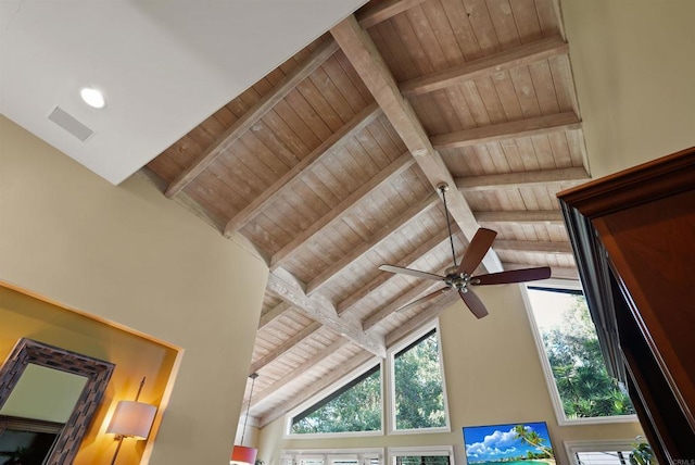 interior details featuring wooden ceiling, a ceiling fan, visible vents, and beam ceiling